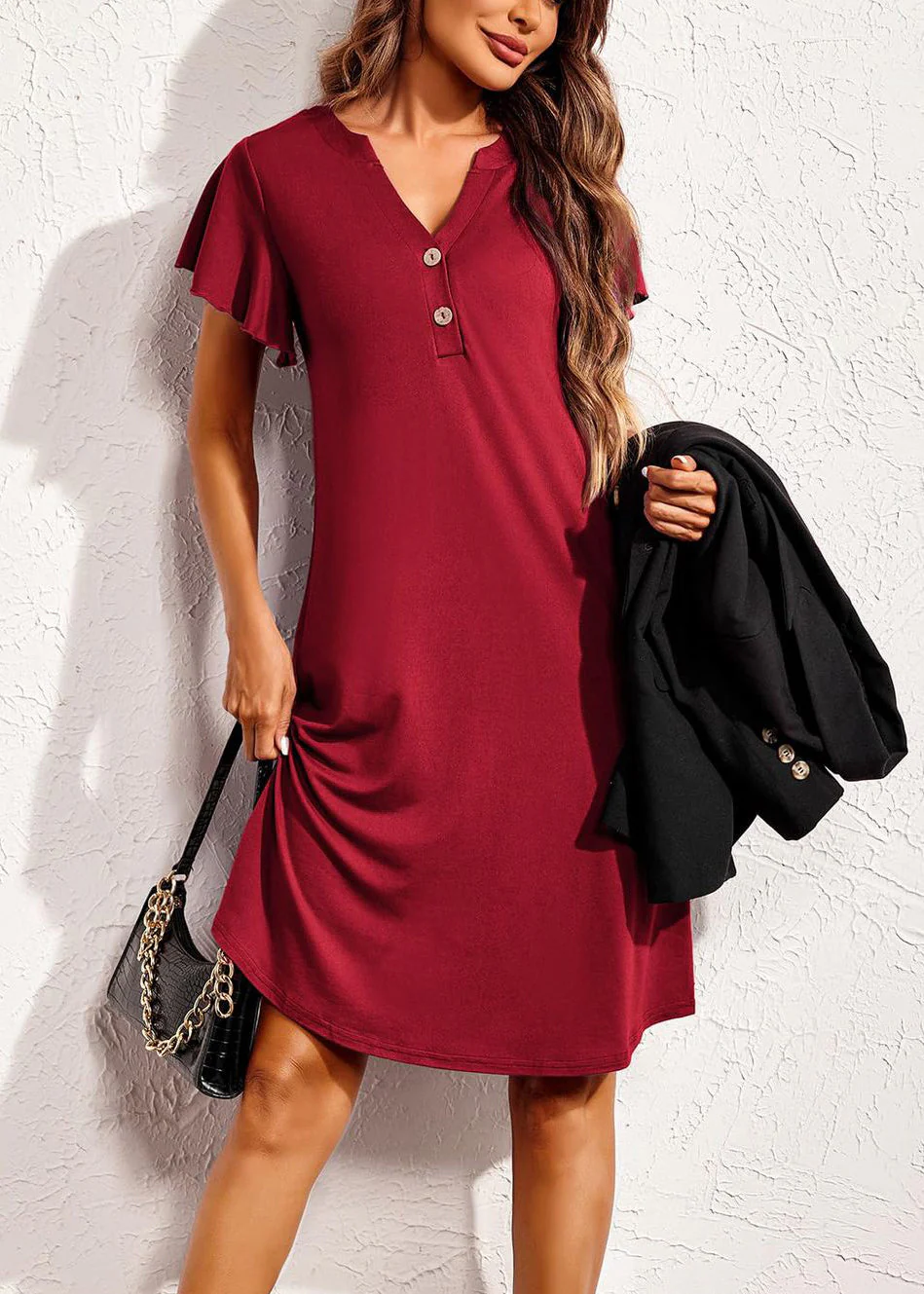 Wine Red Solid Cotton Summer Pajamas Dresses V Neck - Image 2