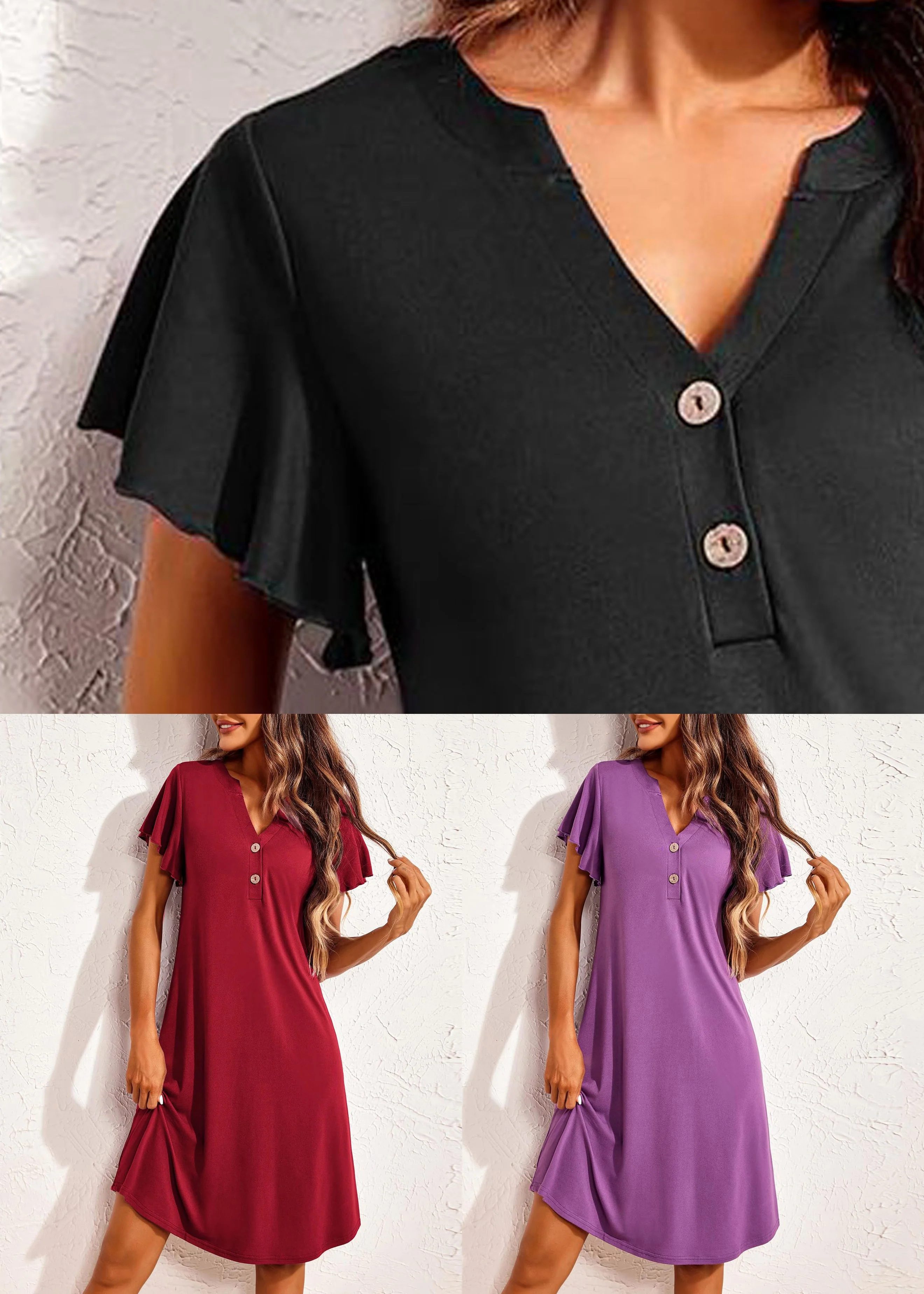 Wine Red Solid Cotton Summer Pajamas Dresses V Neck - Image 5