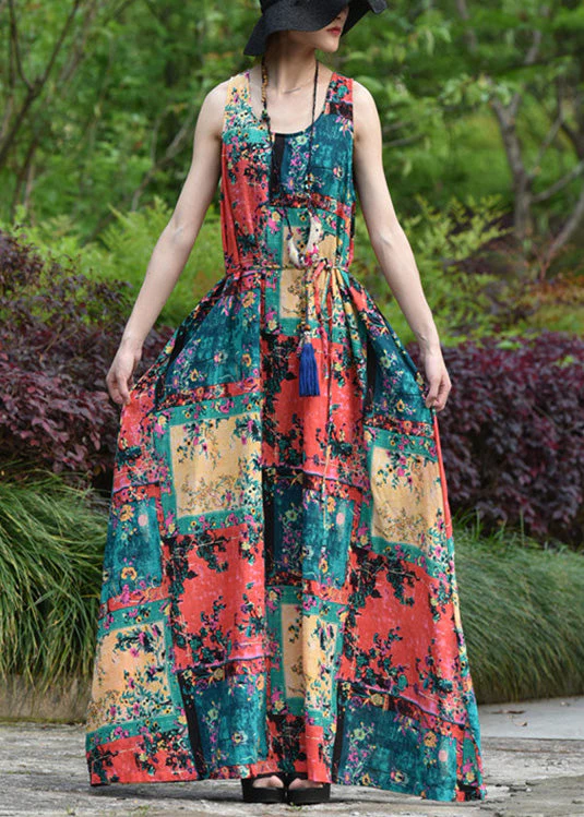 Women Abstract Print Short Sleeve Vintage Maxi Dress - Image 2