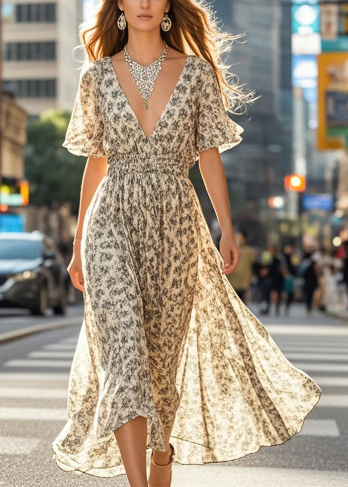 Women Apricot Elastic Waist Print Cotton Vacation Dresses Summer - Image 3