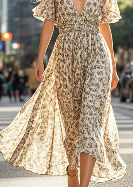 Women Apricot Elastic Waist Print Cotton Vacation Dresses Summer - Image 4
