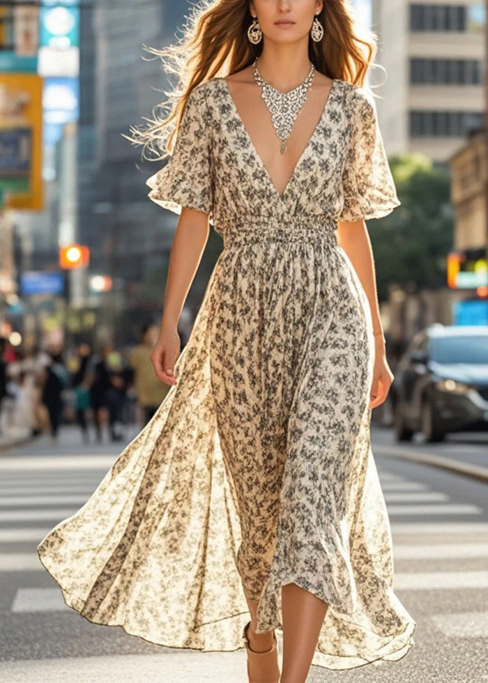 Women Apricot Elastic Waist Print Cotton Vacation Dresses Summer - Image 5