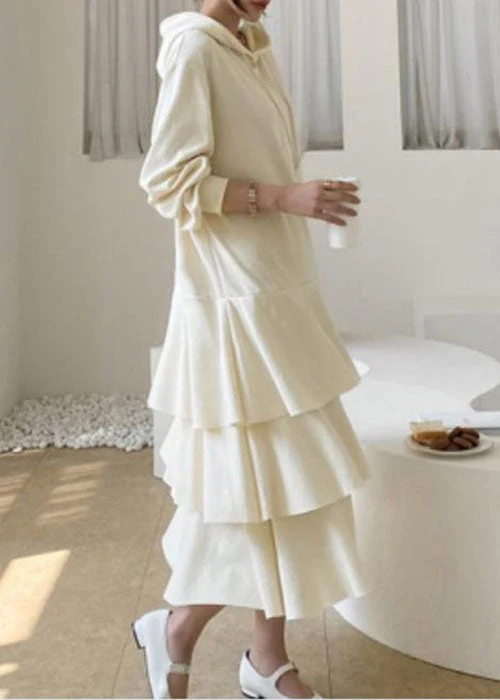 Women Apricot Hooded Patchwork Ruffled Cotton Dress Spring - Image 2
