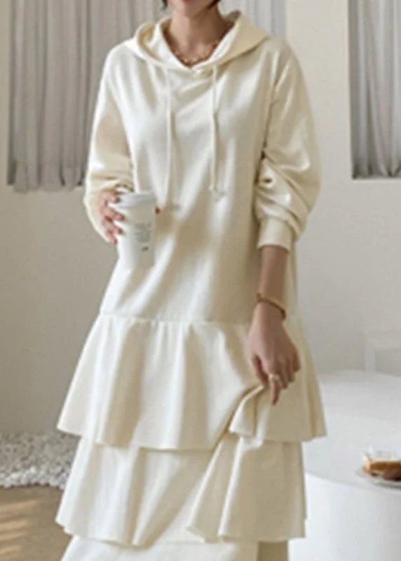 Women Apricot Hooded Patchwork Ruffled Cotton Dress Spring - Image 3