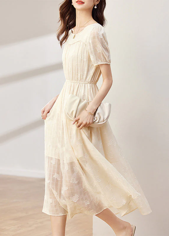 Women Apricot O-Neck Wrinkled Patchwork Chiffon Dress Summer - Image 2