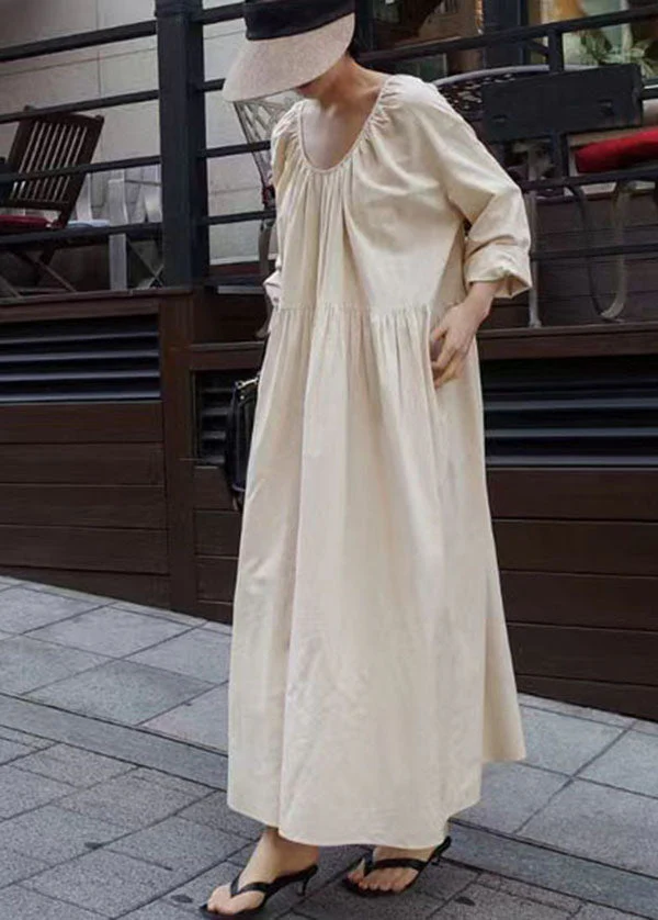 Women Apricot O Neck Wrinkled Patchwork Cotton Dresses Spring - Image 2