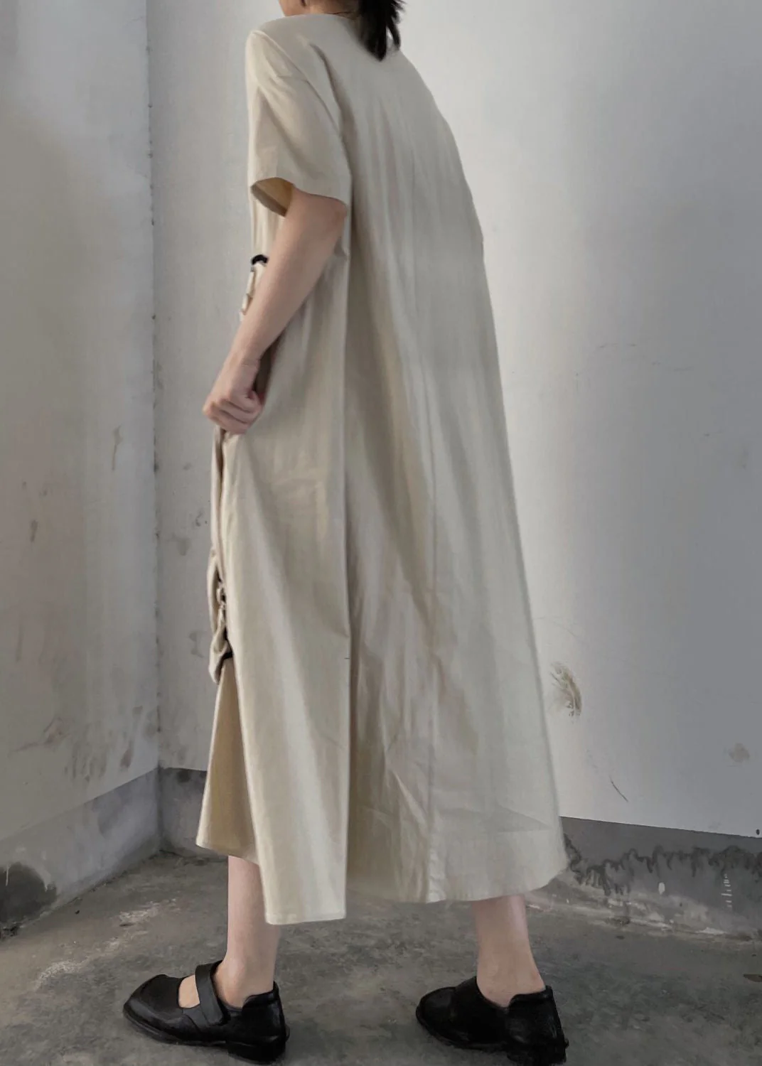 Women Apricot O Neck Wrinkled Patchwork Cotton Long Dresses Summer - Image 5