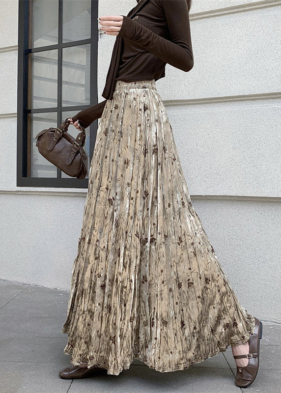 Women Apricot Print Draping Silk Velvet Skirts Spring - Image 2
