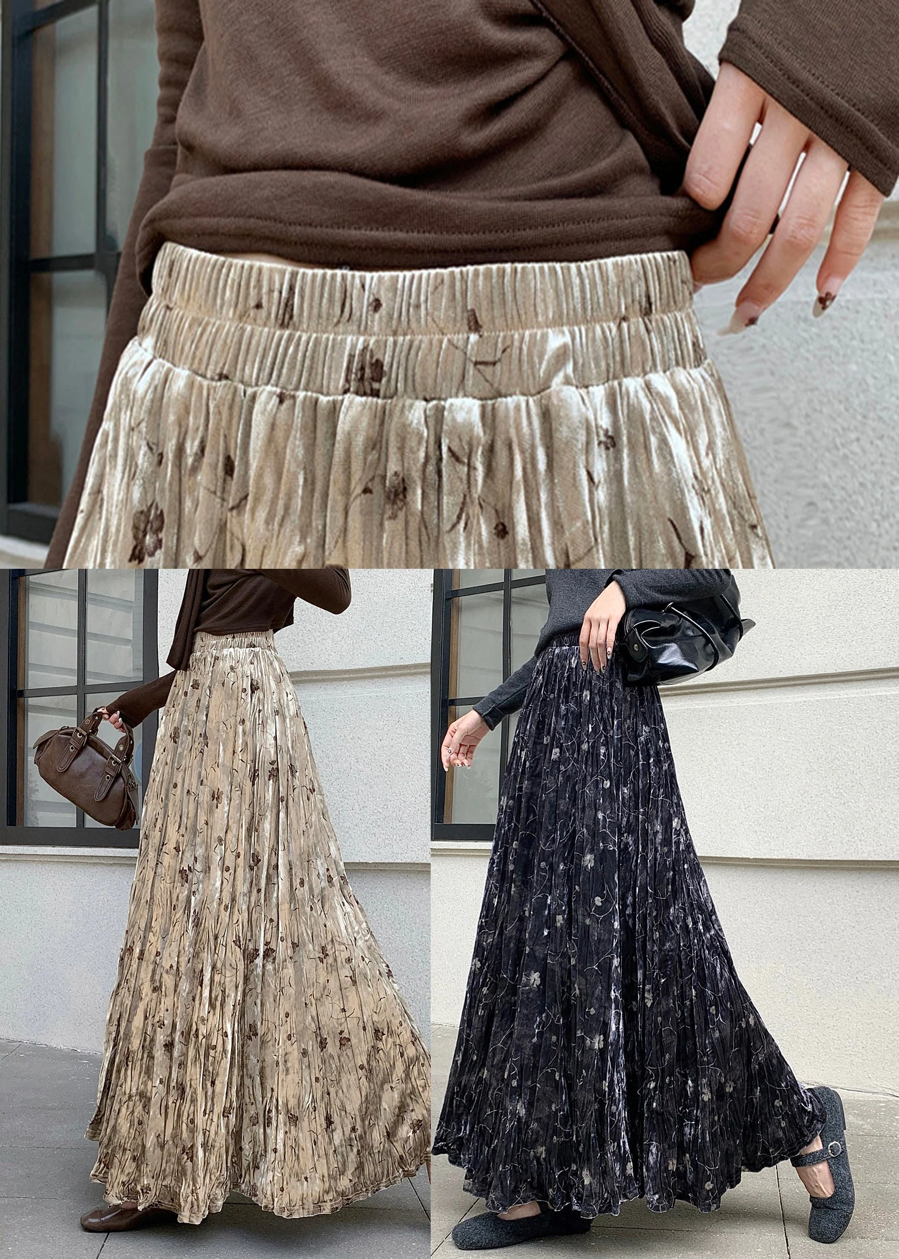 Women Apricot Print Draping Silk Velvet Skirts Spring - Image 5