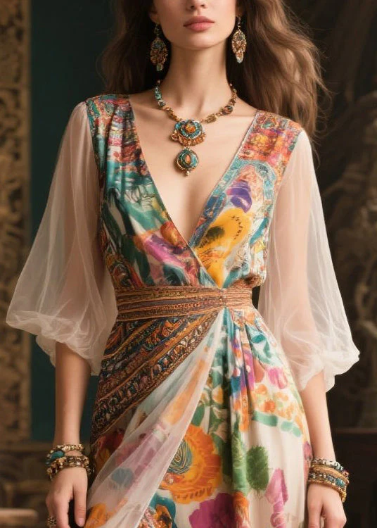 Women Apricot Print Exra Large Hem Chiffon Party Dress Summer - Image 2