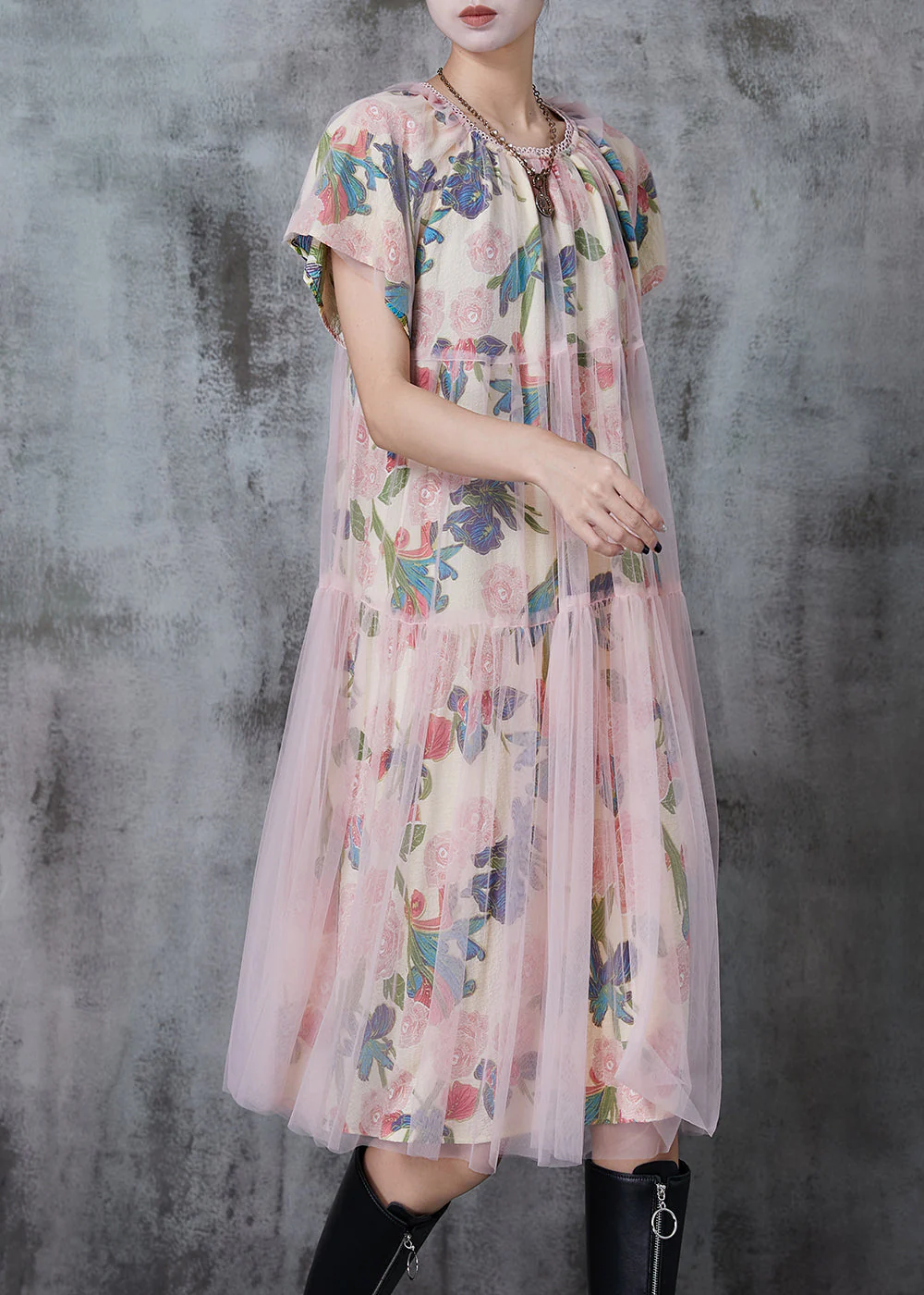 Women Apricot Print Tulle Work Dress Summer - Image 3