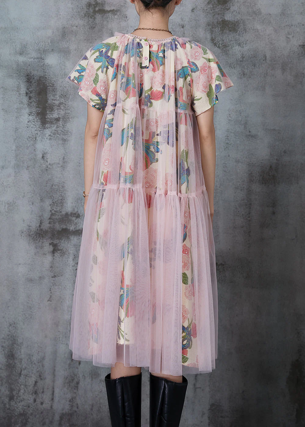 Women Apricot Print Tulle Work Dress Summer - Image 4