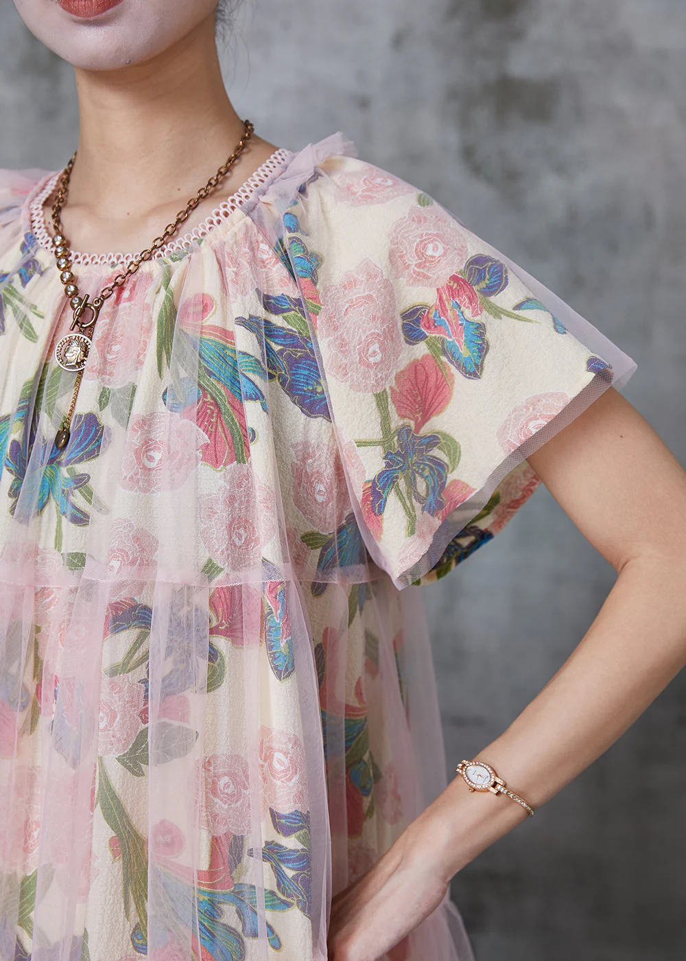 Women Apricot Print Tulle Work Dress Summer - Image 5