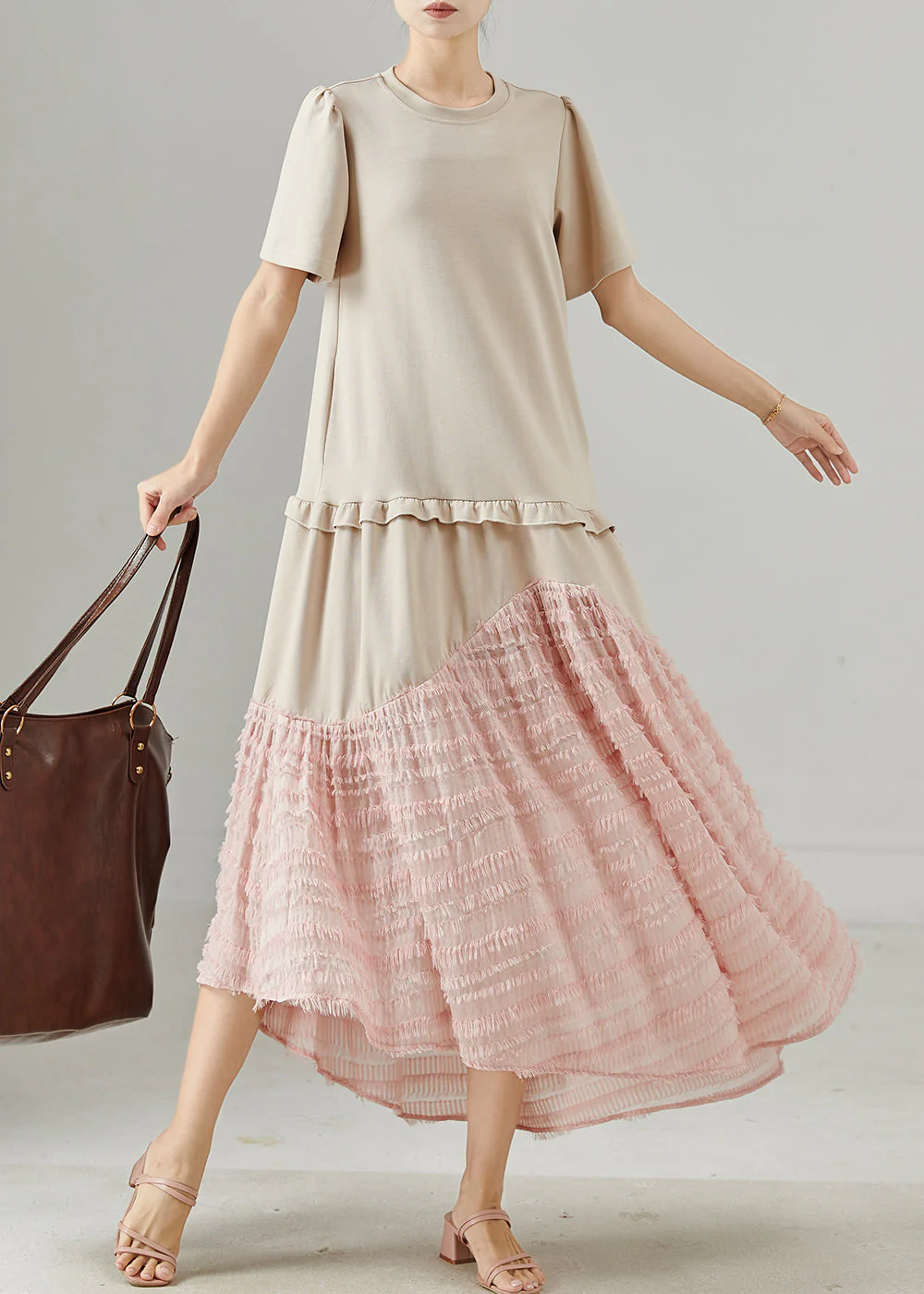 Women Apricot Ruffled Patchwork Cotton Maxi Dress Summer - Image 2