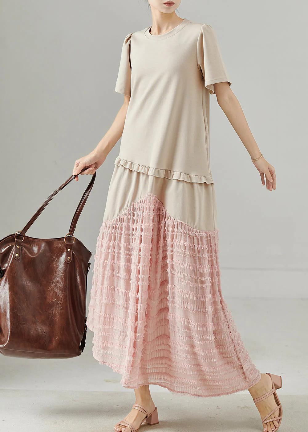 Women Apricot Ruffled Patchwork Cotton Maxi Dress Summer - Image 3