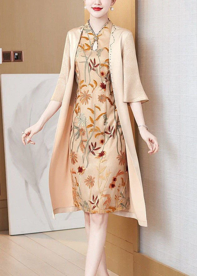 Women Apricot Stand Collar Zircon Silk Bodycon Dress Butterfly Sleeve - Image 4