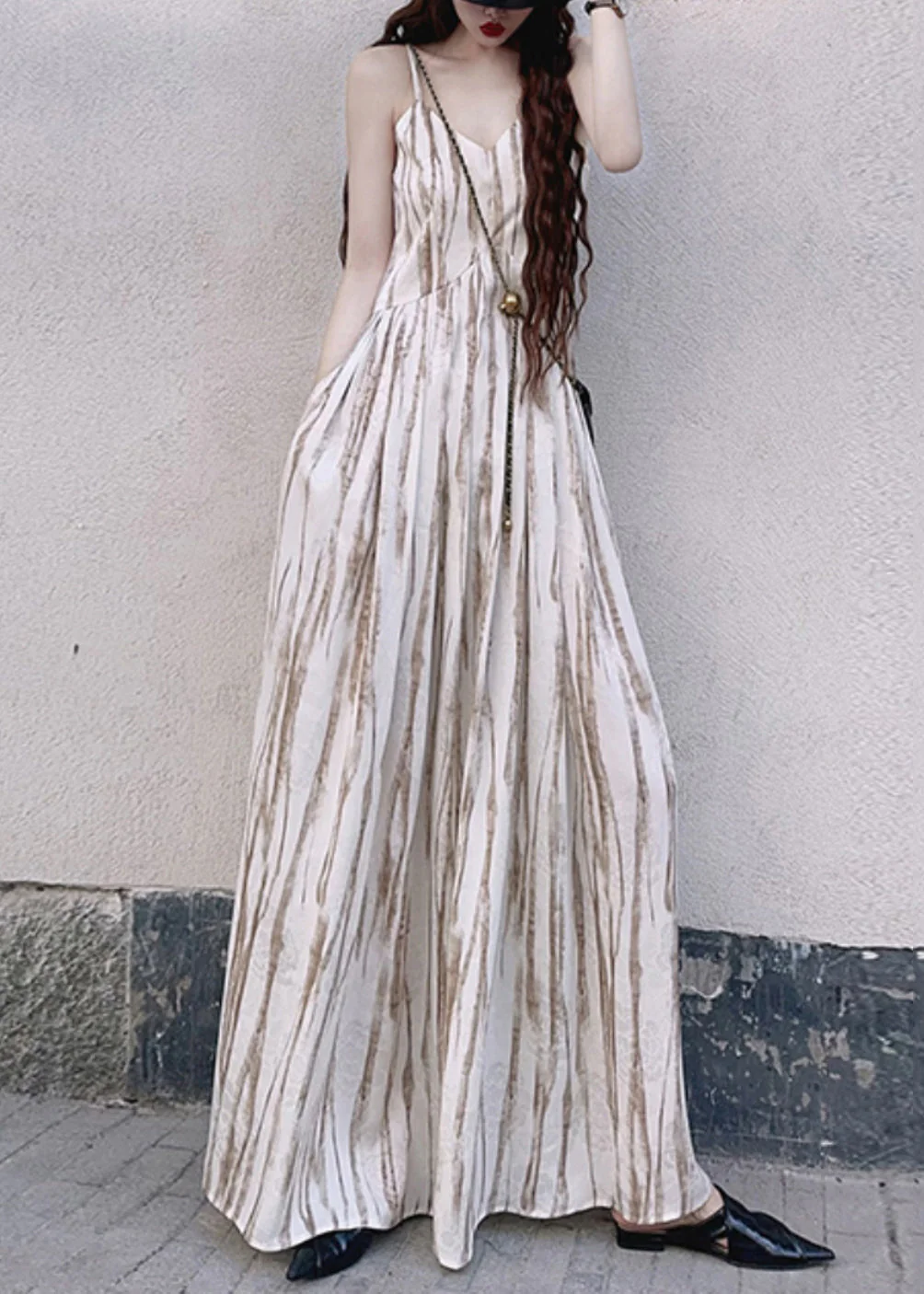 Women Apricot Striped Exra Large Hem Cotton Vacation Dresses Summer - Image 2
