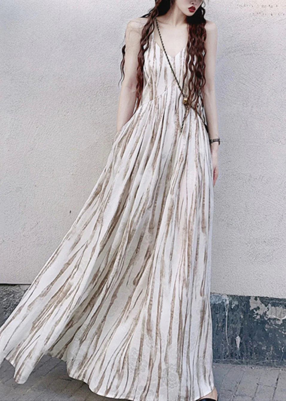 Women Apricot Striped Exra Large Hem Cotton Vacation Dresses Summer - Image 3