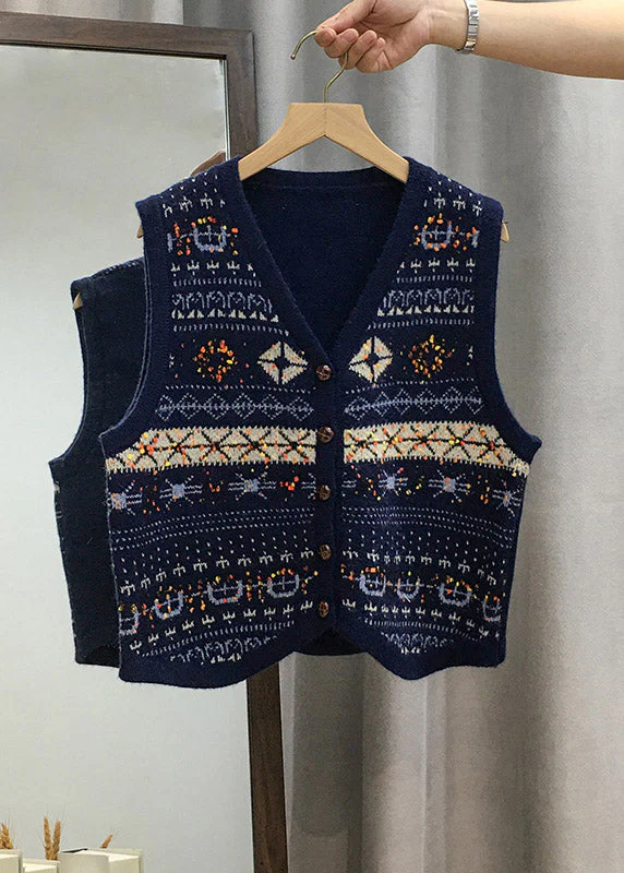Women Apricot V Neck Button Knit Vest Tops Sleeveless - Image 3