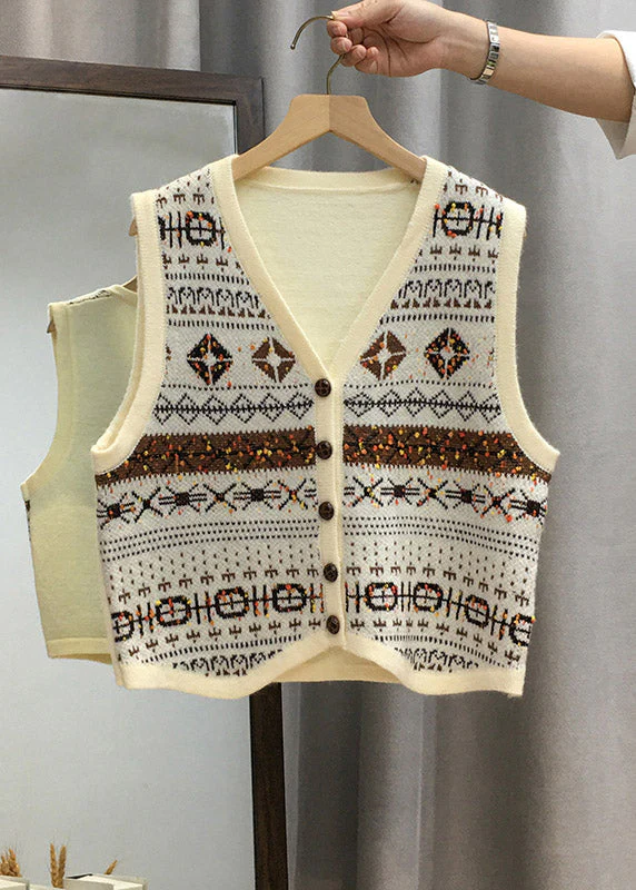 Women Apricot V Neck Button Knit Vest Tops Sleeveless - Image 5