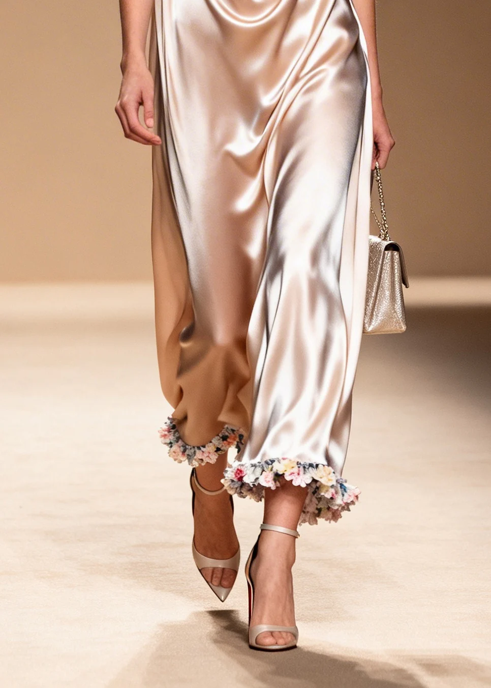 Women Apricot V Neck Floral Silk Maxi Dress Sleeveless - Image 4