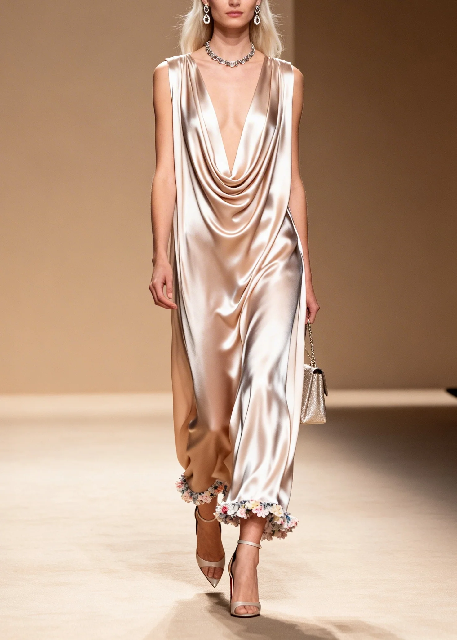 Women Apricot V Neck Floral Silk Maxi Dress Sleeveless - Image 5