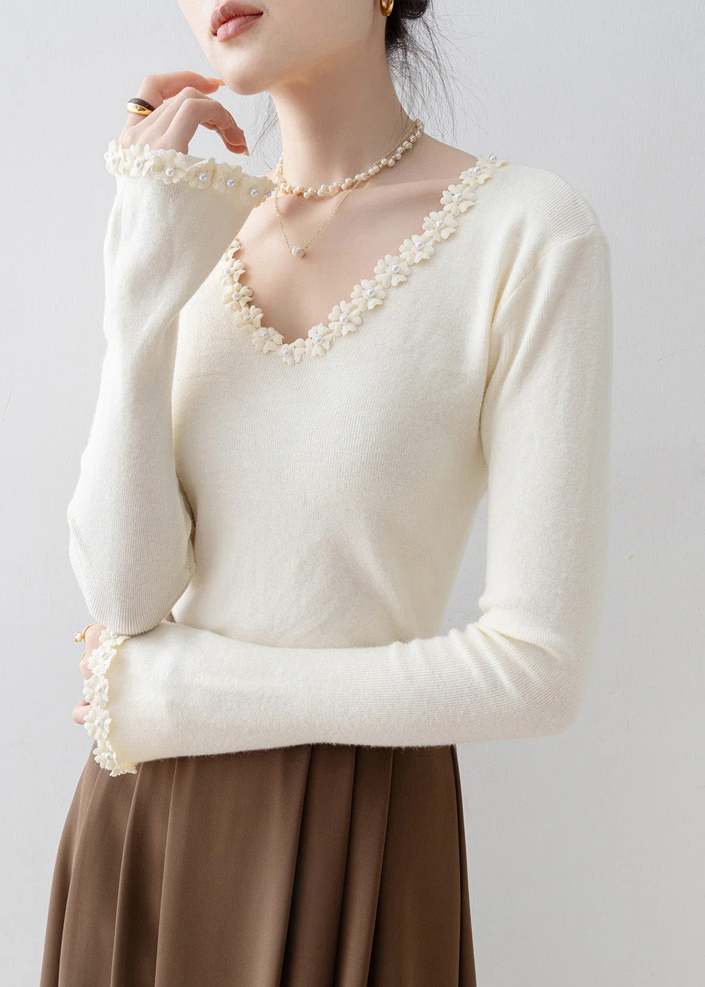 Women Apricot V Neck Patchwork Knit Sweaters Spring