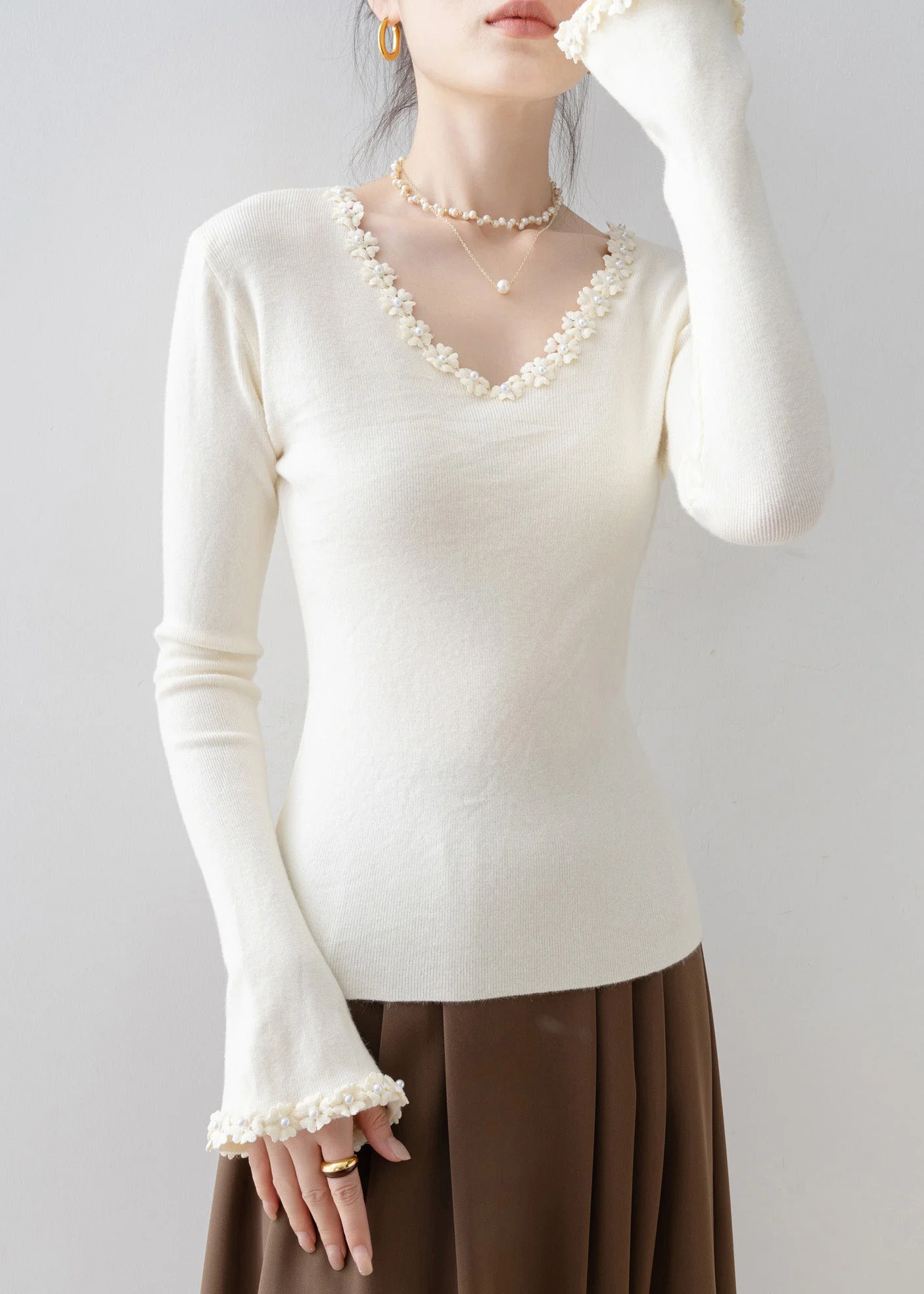Women Apricot V Neck Patchwork Knit Sweaters Spring - Image 3