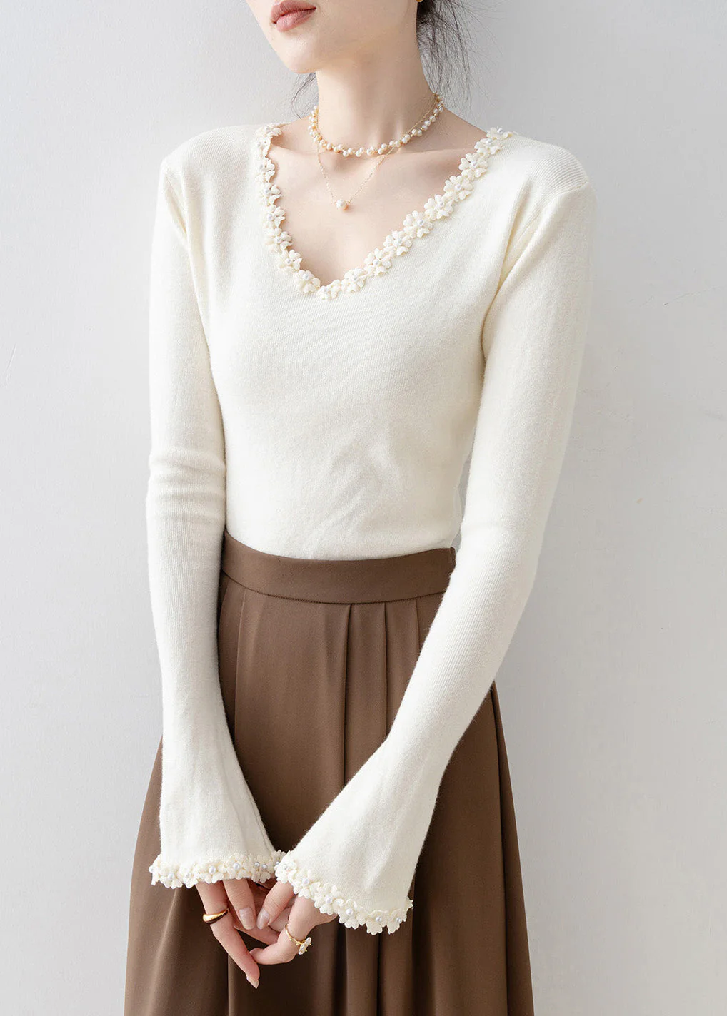 Women Apricot V Neck Patchwork Knit Sweaters Spring - Image 5