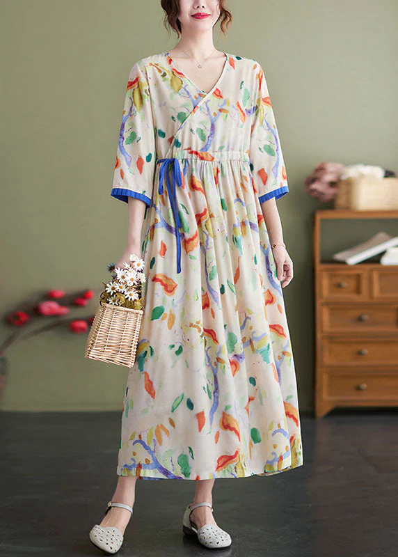 Women Apricot V Neck Tie Waist Print Pockets Cotton Cinch Dress Bracelet Sleeve - Image 2