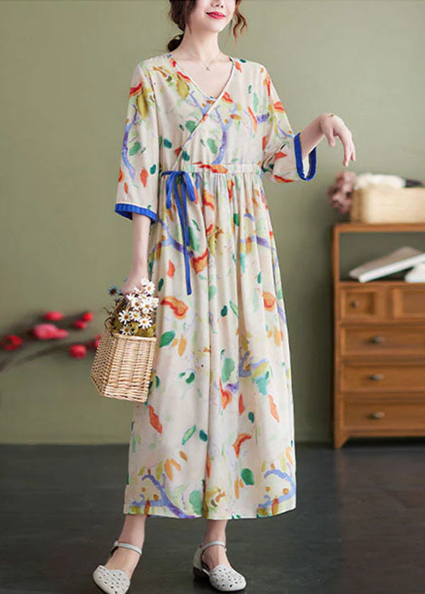 Women Apricot V Neck Tie Waist Print Pockets Cotton Cinch Dress Bracelet Sleeve - Image 3