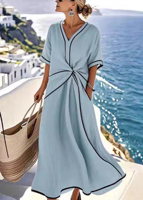 Women Apricot V Neck Wrinkled Pockets Cotton Long Dress Summer - Image 3