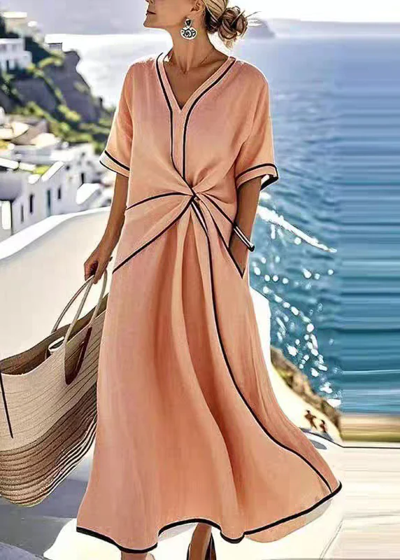 Women Apricot V Neck Wrinkled Pockets Cotton Long Dress Summer - Image 4