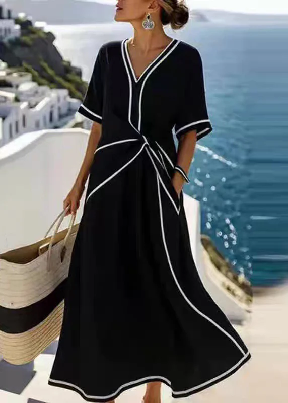 Women Apricot V Neck Wrinkled Pockets Cotton Long Dress Summer - Image 5