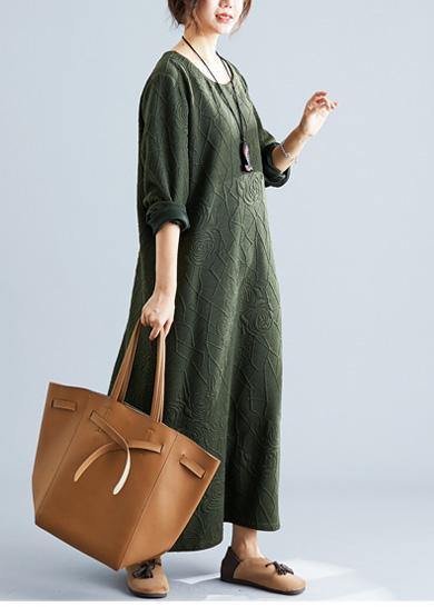 Women army green cotton dress o neck jacquard Robe fall Dresses - Image 3