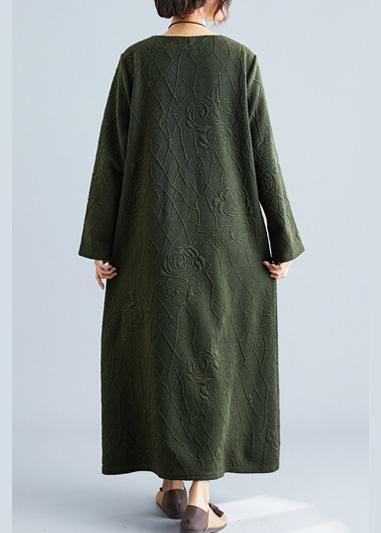 Women army green cotton dress o neck jacquard Robe fall Dresses - Image 4