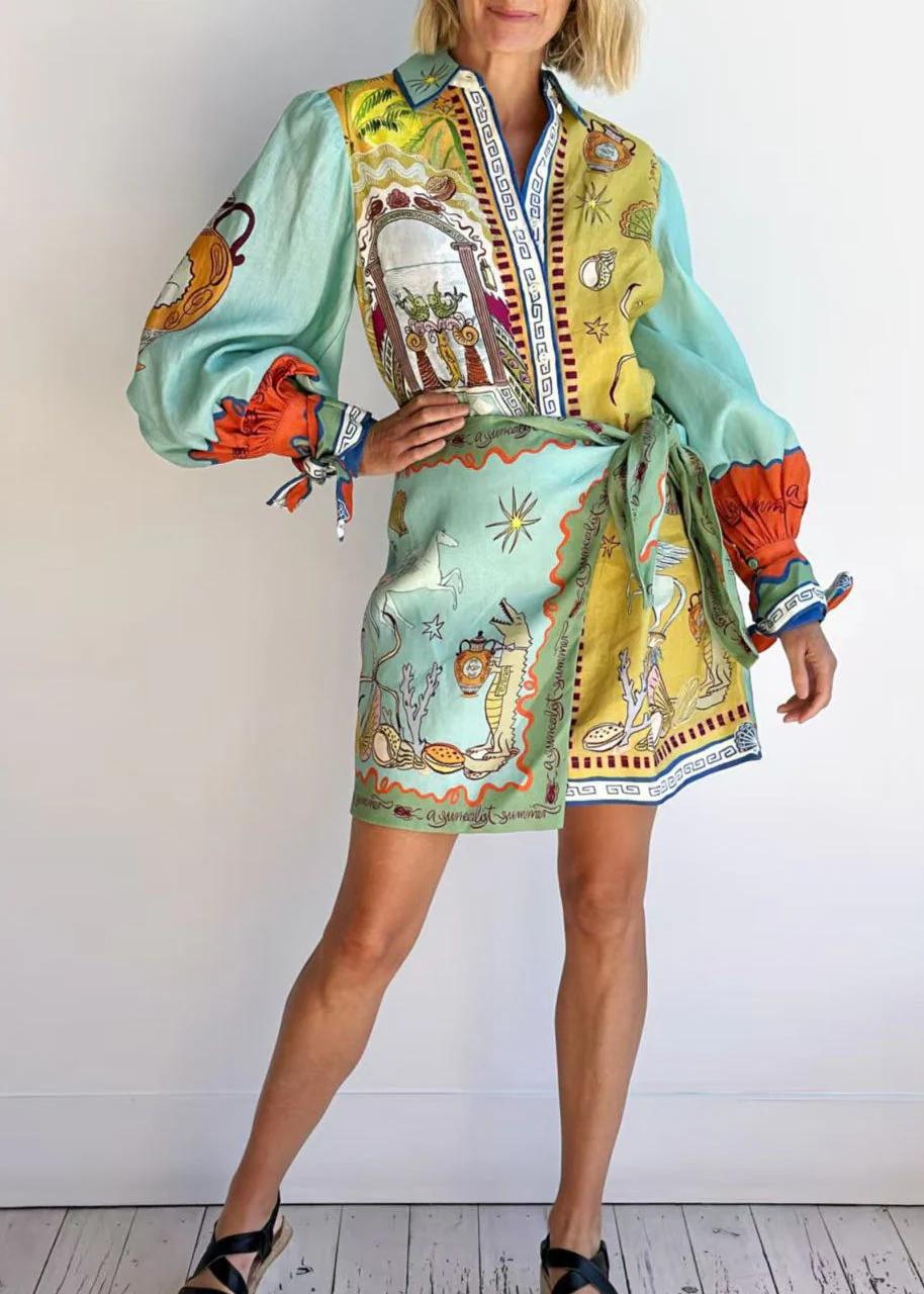 Women Asymmetrical Print Lace Up Cotton Dress Long Sleeve - Image 2