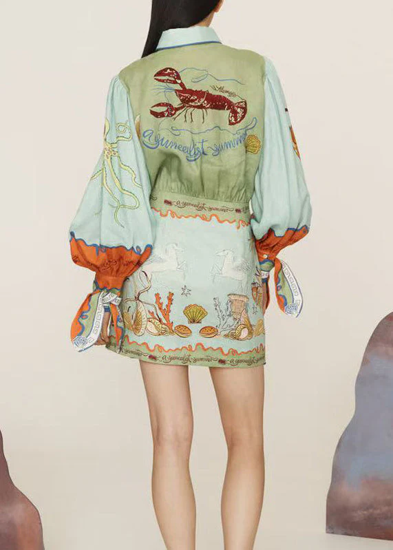 Women Asymmetrical Print Lace Up Cotton Dress Long Sleeve - Image 4