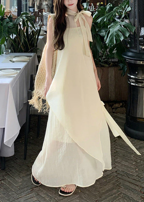 Women Beige Asymmetrical Chiffon Halter Dresses Summer - Image 2