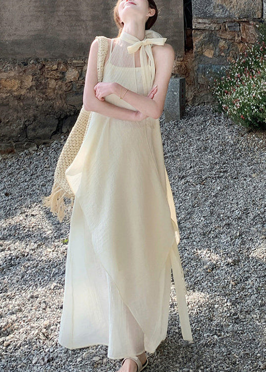 Women Beige Asymmetrical Chiffon Halter Dresses Summer - Image 3