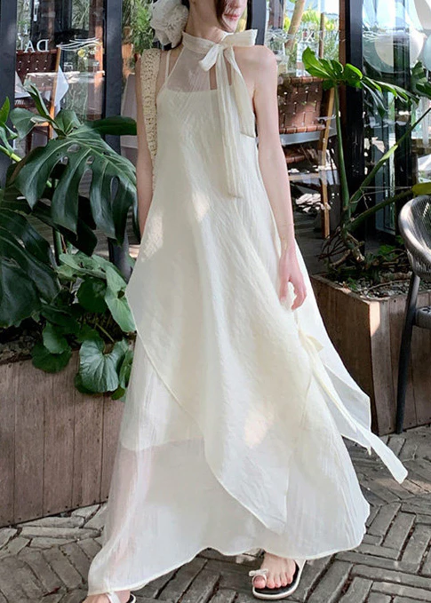 Women Beige Asymmetrical Chiffon Halter Dresses Summer - Image 5