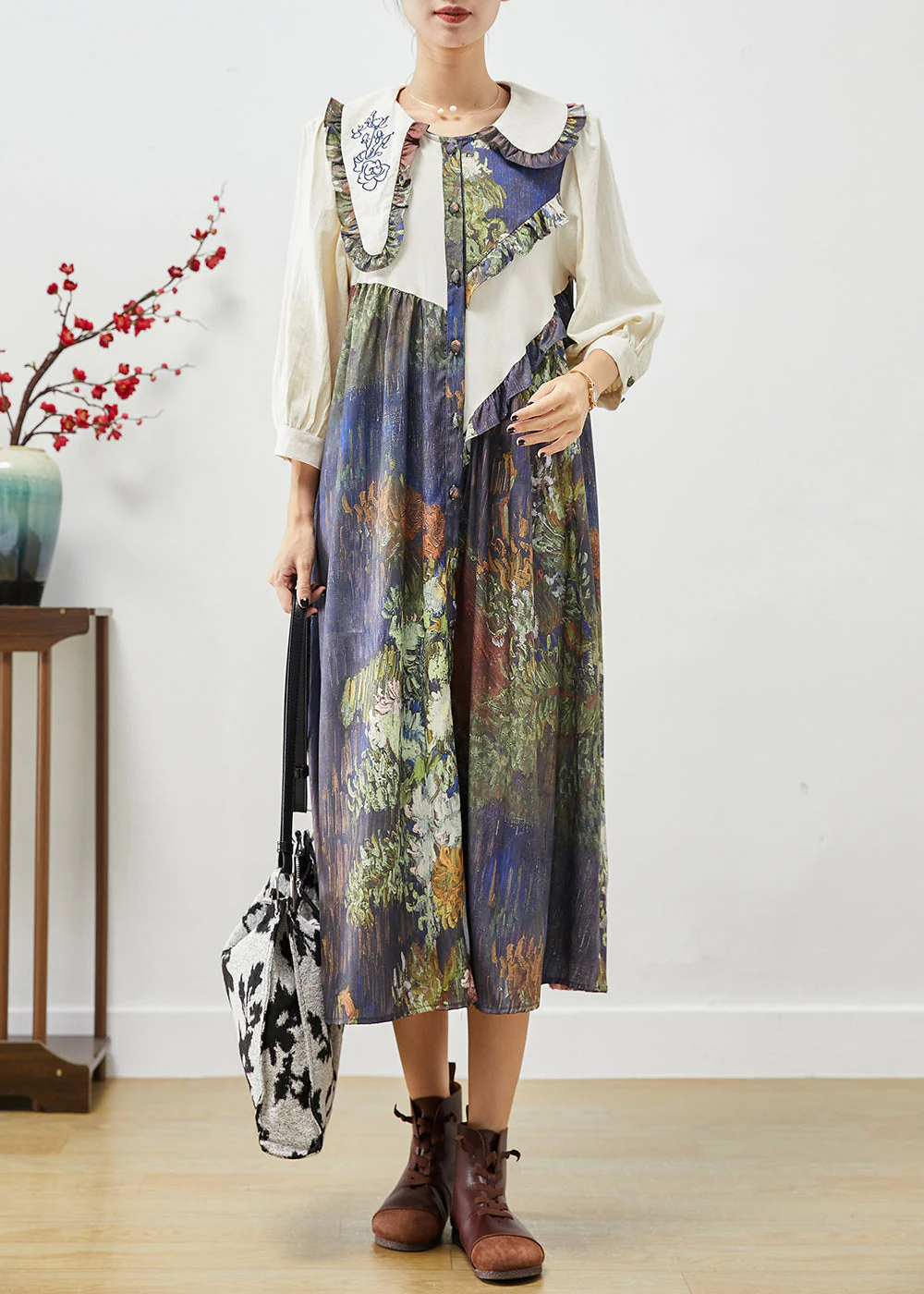 Women Beige Asymmetrical Patchwork Ruffled Shirt Dresses Fall - Image 2