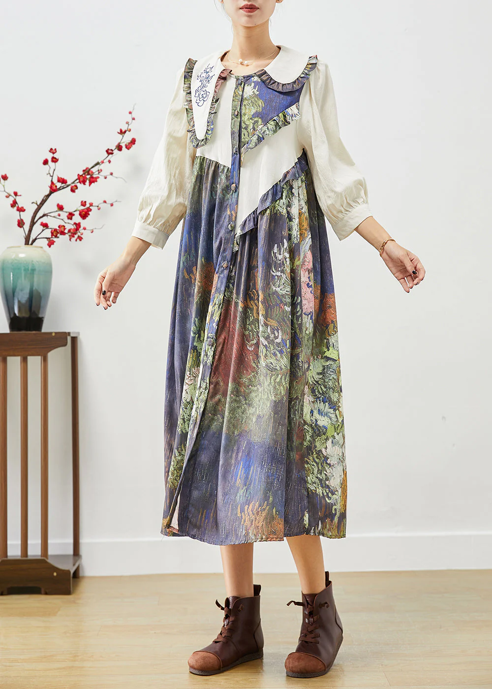 Women Beige Asymmetrical Patchwork Ruffled Shirt Dresses Fall - Image 3