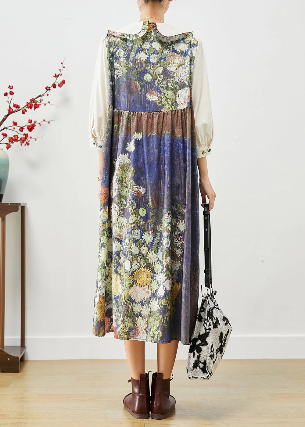 Women Beige Asymmetrical Patchwork Ruffled Shirt Dresses Fall - Image 4