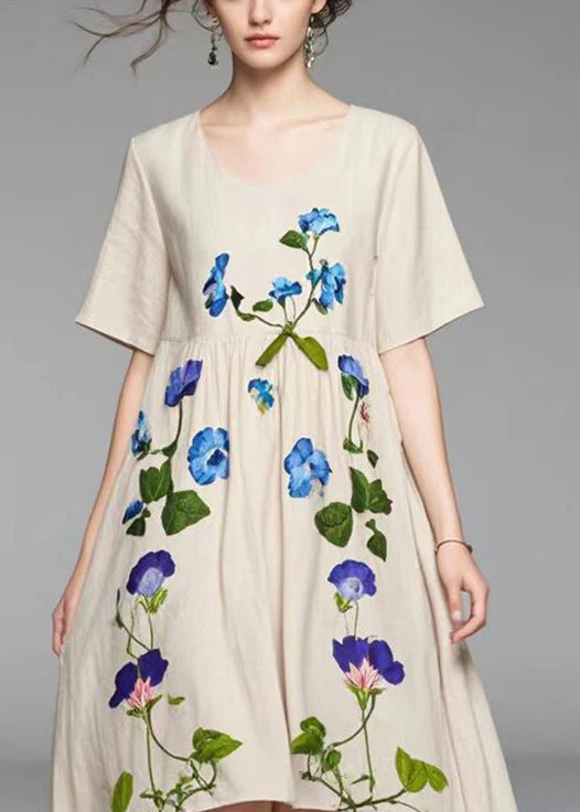 Women Beige Asymmetrical Print Cotton Vacation Dresses Summer - Image 2