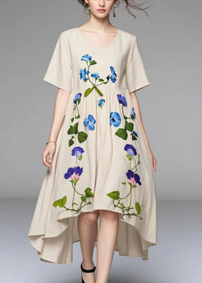Women Beige Asymmetrical Print Cotton Vacation Dresses Summer - Image 3