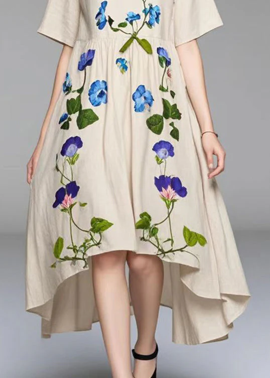 Women Beige Asymmetrical Print Cotton Vacation Dresses Summer - Image 4