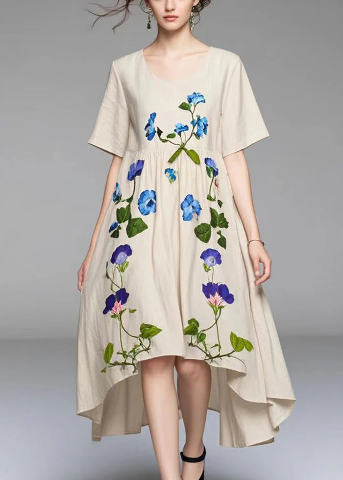 Women Beige Asymmetrical Print Cotton Vacation Dresses Summer - Image 5