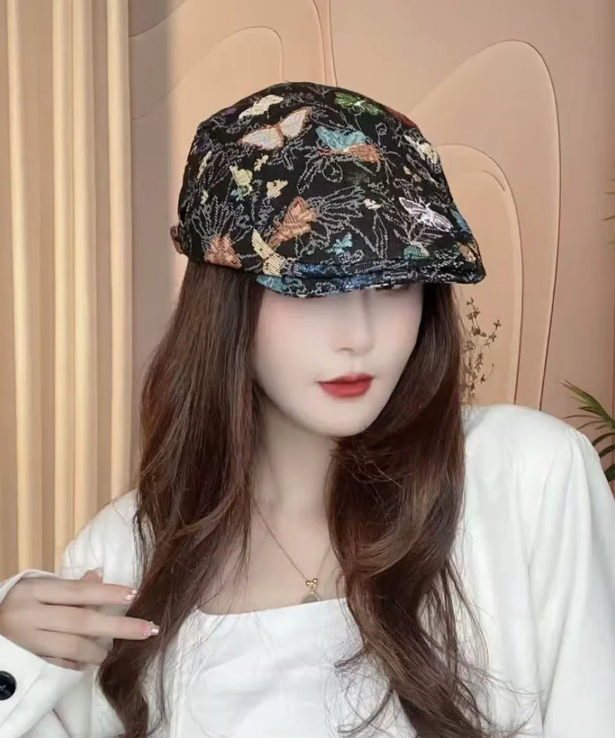 Women Beige Butterfly Jacquard Breton Hat - Image 2
