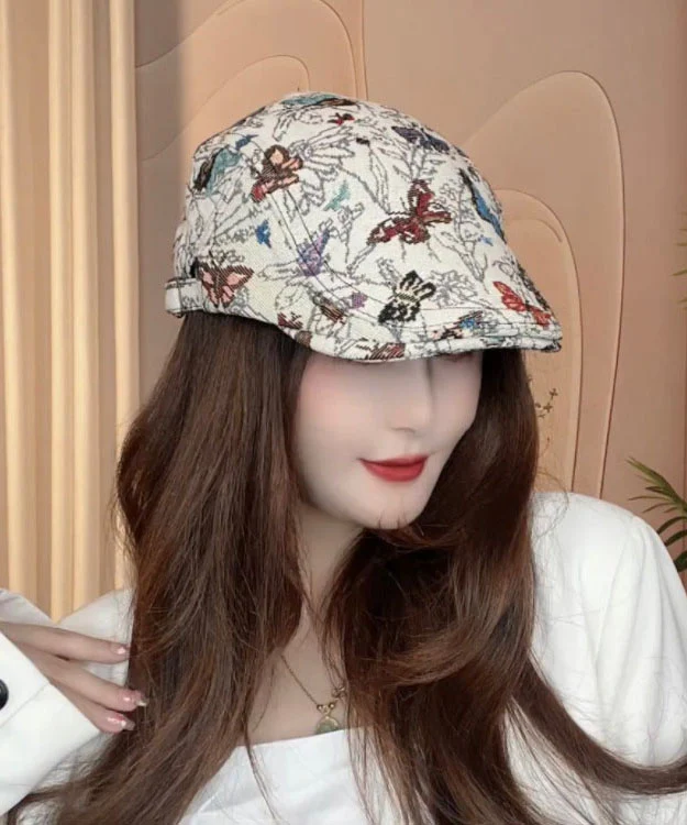 Women Beige Butterfly Jacquard Breton Hat - Image 3